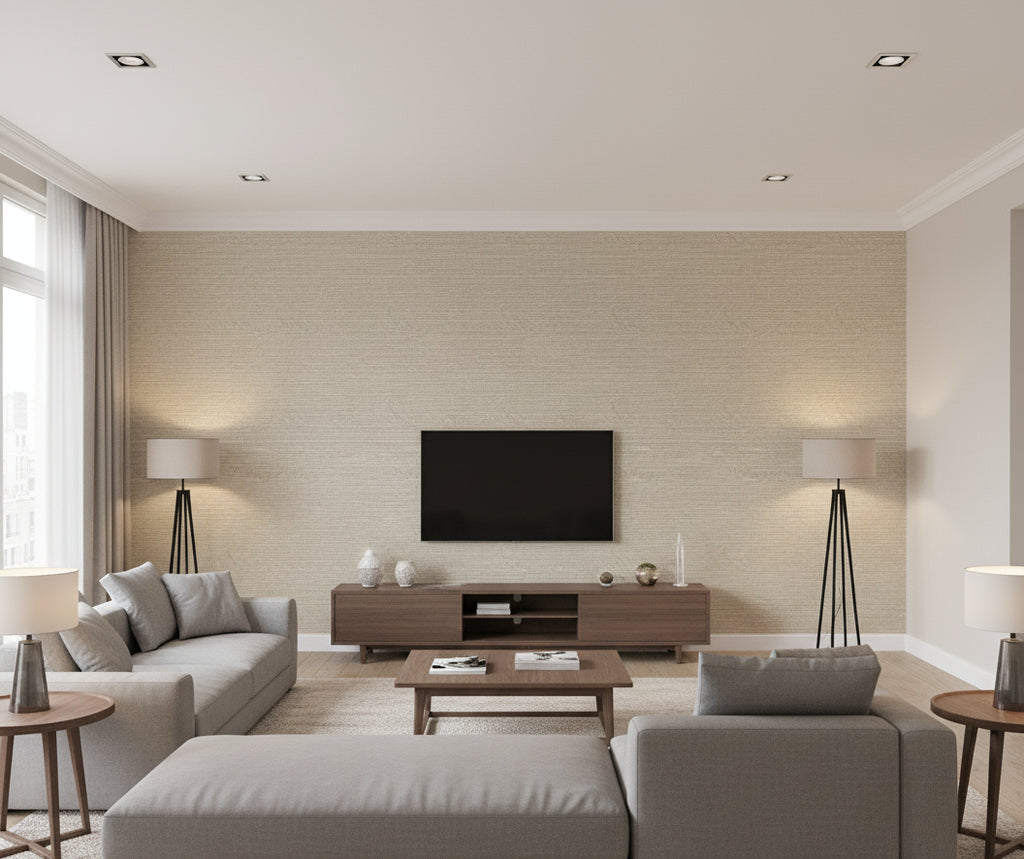 Toscana Taupe Linen Grasscloth Wallcovering | Fentucci - living room room setting