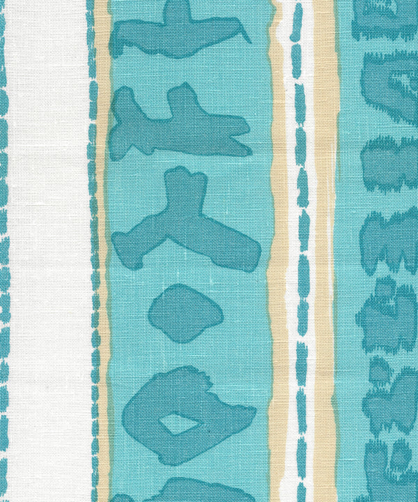 Abaco Stripe Turquoise Camel Screen Printed - Off-White Fabric | China Seas