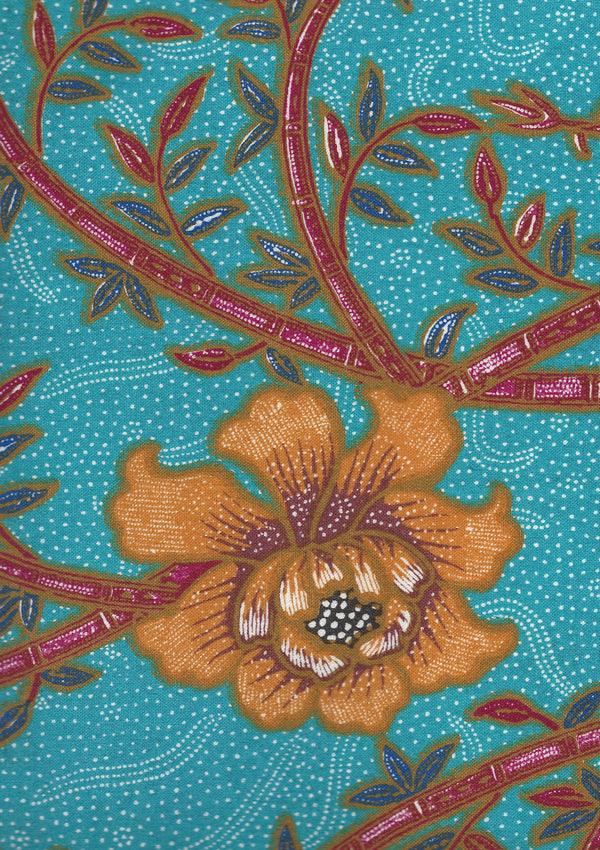 Lim Bamboo Ii Turquoise Multi Screen Printed - White Fabric | China Seas