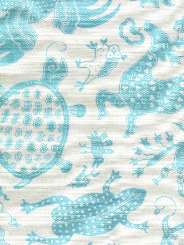 Indramayu Turquoise on White Screen Printed - Light Blue Fabric | China Seas