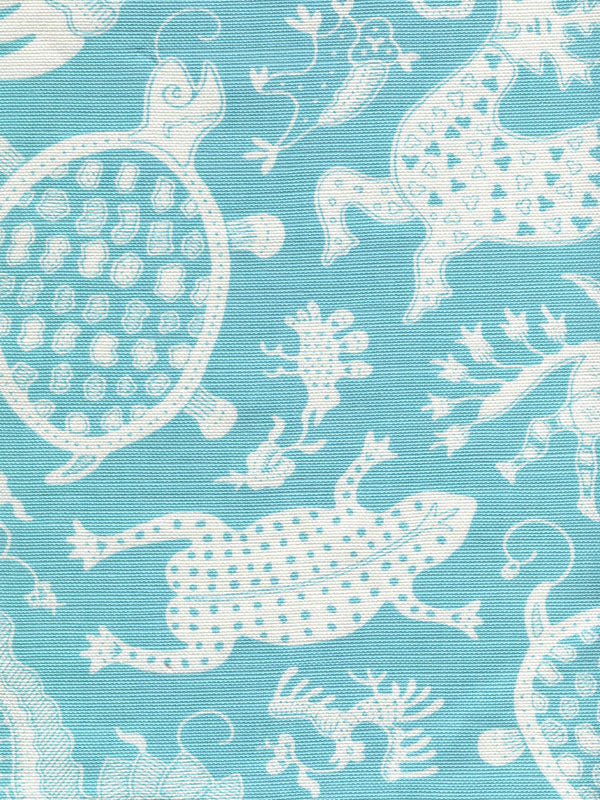 Indramayu Reverse Turquoise on White Screen Printed Fabric | China Seas