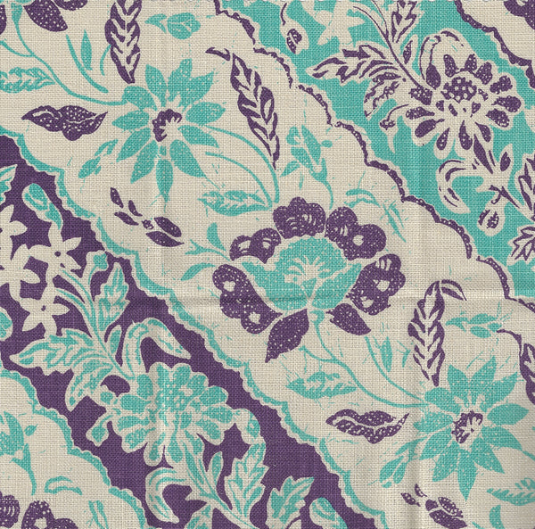 Lim Diagonal Turquoise Purple on Tan Linen Screen Printed Fabric | China Seas