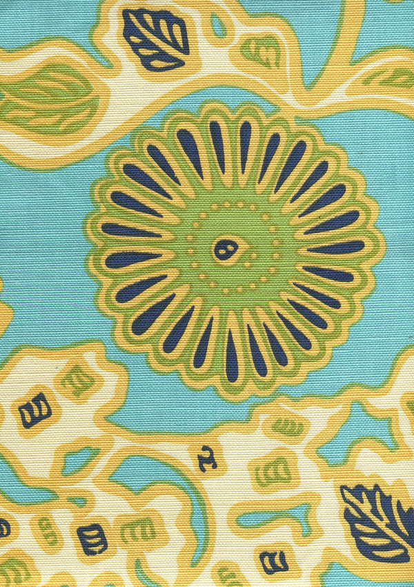 Flora II Turquoise Yellow Green Blue Screen Printed Fabric | China Seas