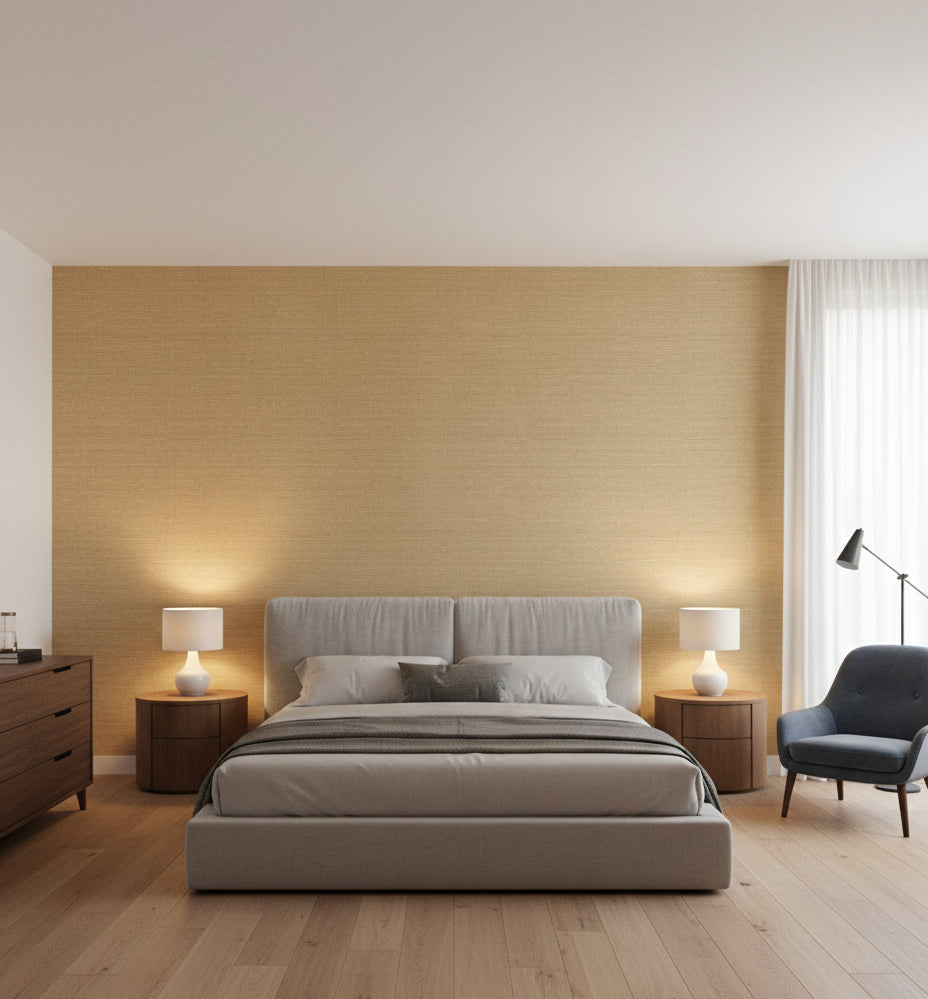 Velluto Wheat Metallic Grasscloth Wallcovering | Fentucci - bedroom room setting