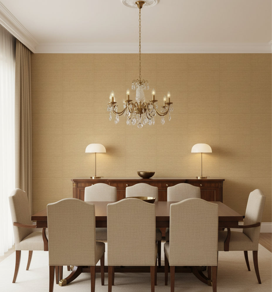 Velluto Wheat Metallic Grasscloth Wallcovering | Fentucci - dining room room setting