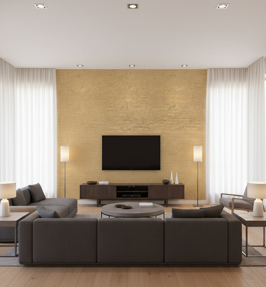 Velluto Wheat Metallic Grasscloth Wallcovering | Fentucci - living room room setting