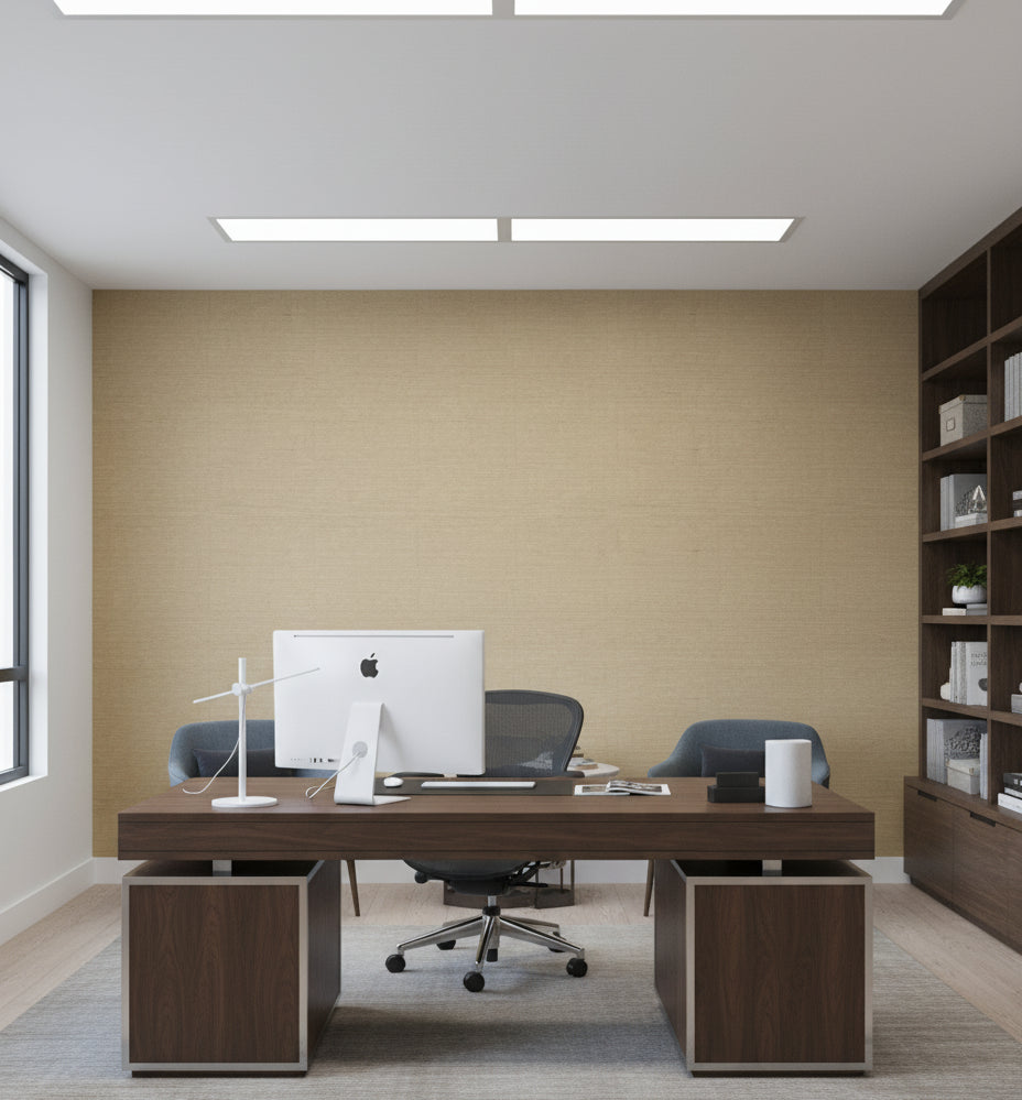 Velluto Wheat Metallic Grasscloth Wallcovering | Fentucci - office room setting