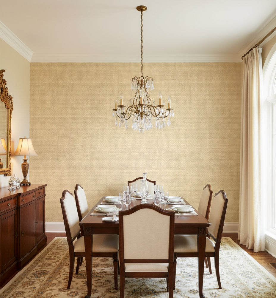 Verona Butter Micro Grasscloth Wallcovering | Fentucci - dining room room setting