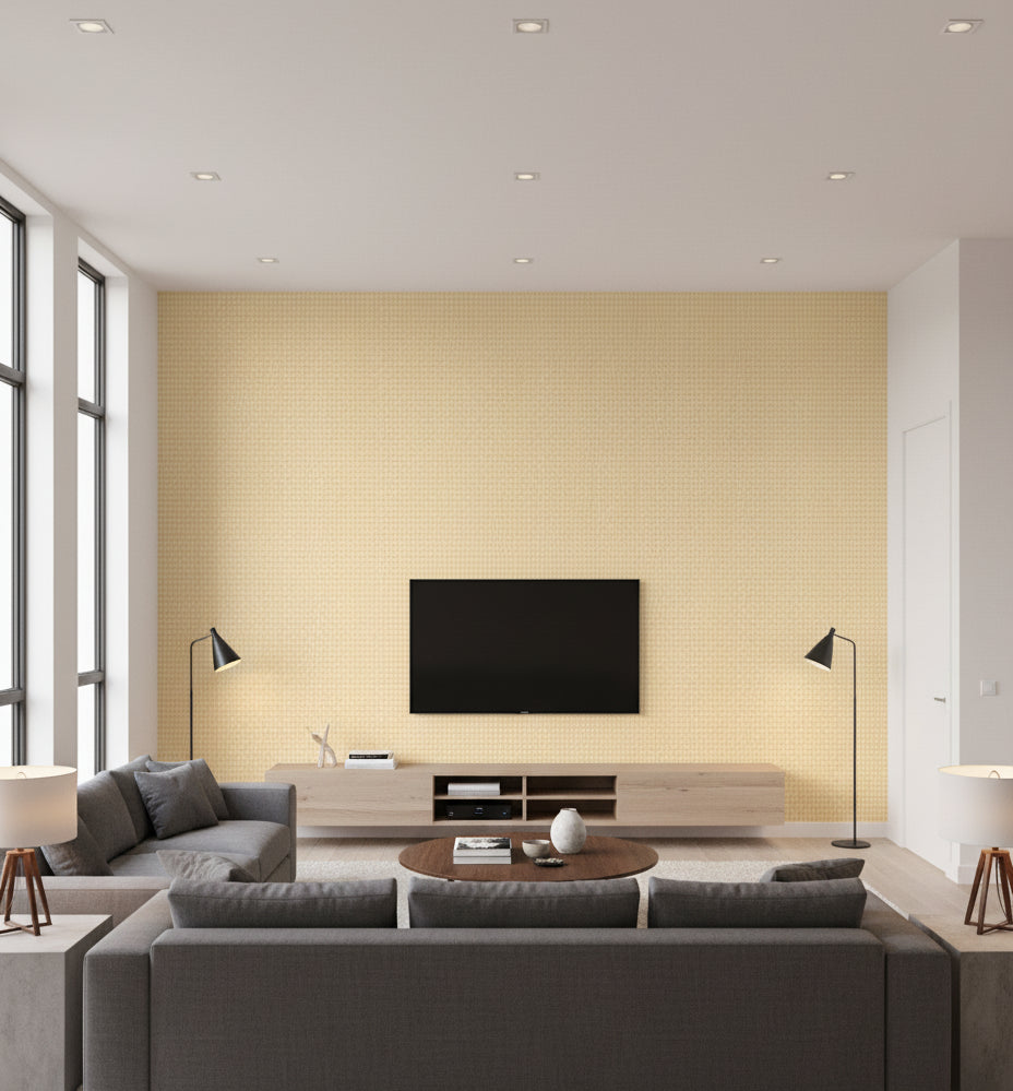 Verona Butter Micro Grasscloth Wallcovering | Fentucci - living room room setting
