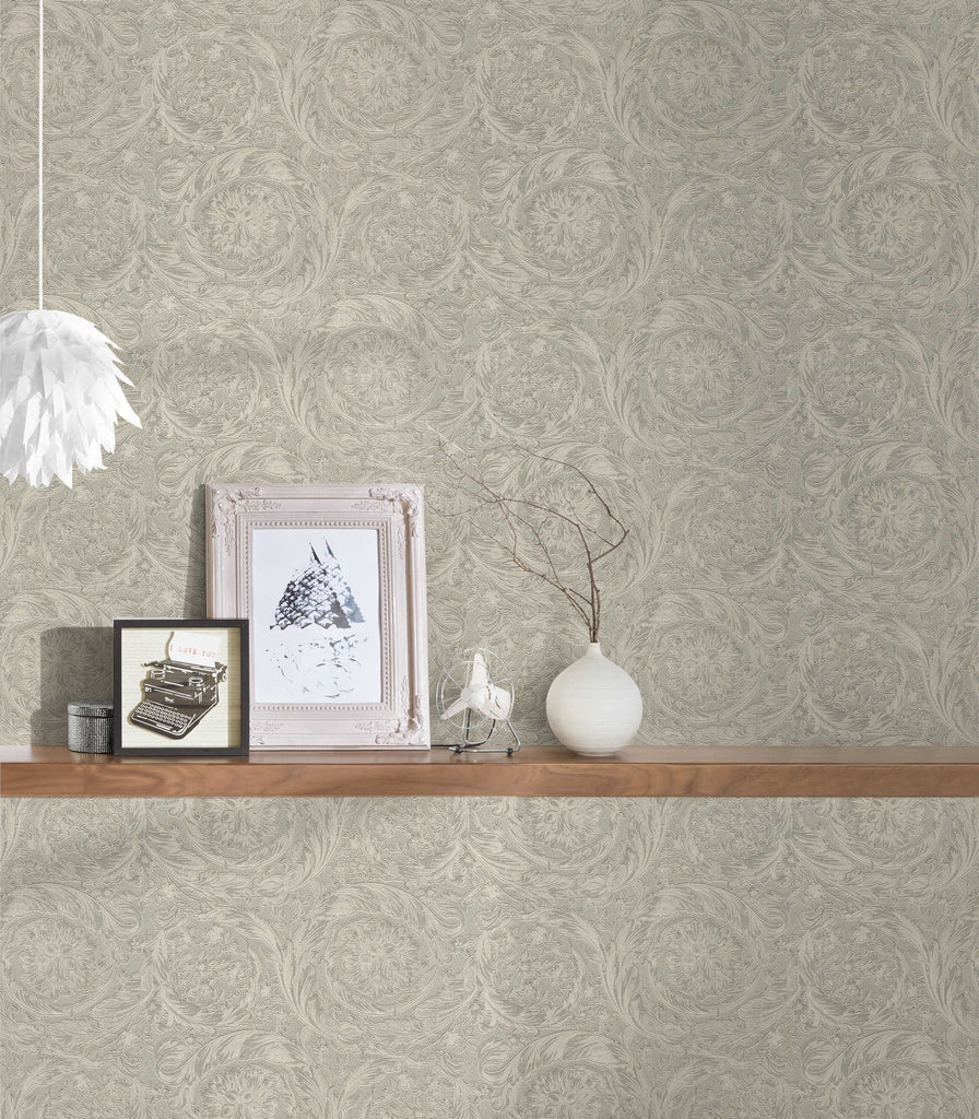 Barocco Grey Embossed Wallcovering | Versace - Room Setting 4
