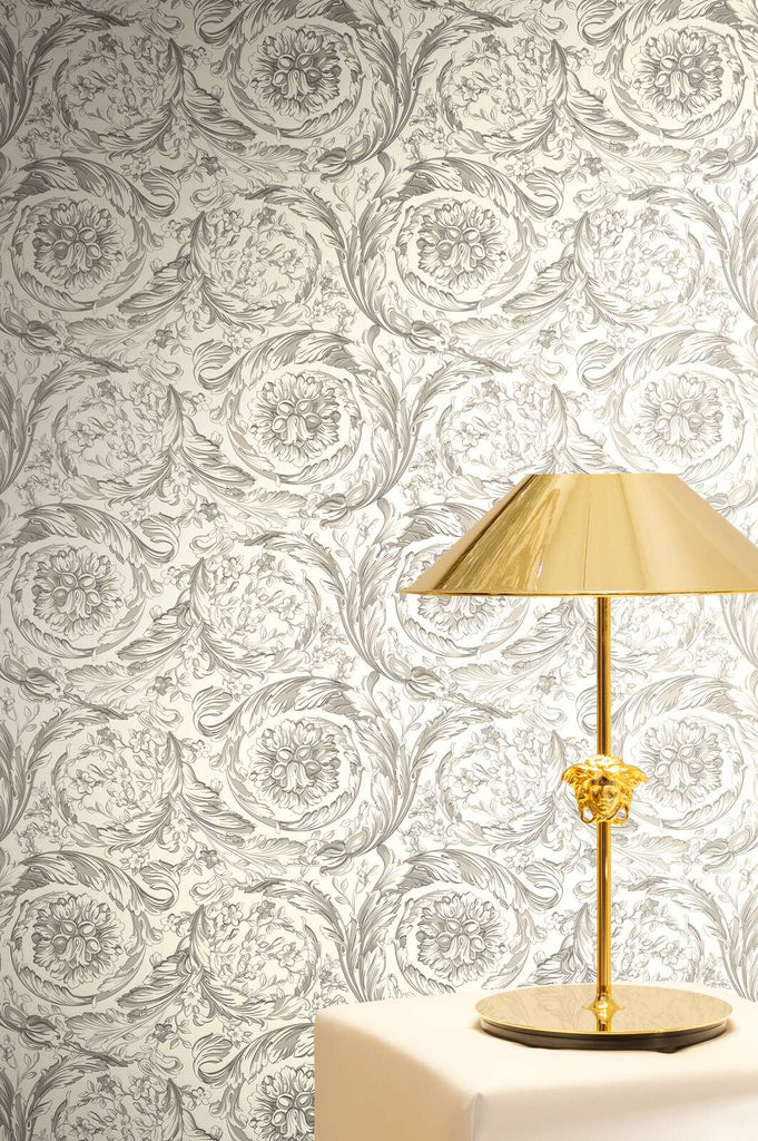 Barocco Grey Cream Wallcovering | Versace - Room Setting 1