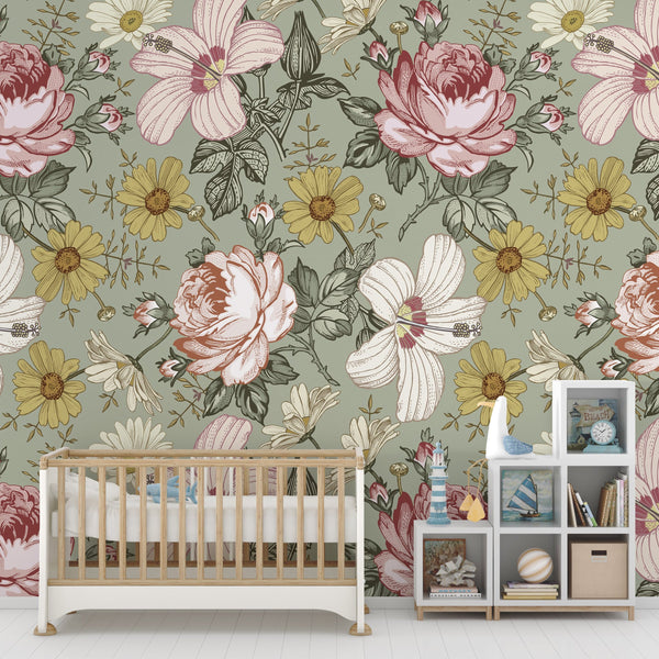 Vintage Garden – Sage Green (Adrian) Traditional | Architectural Wallcoverings