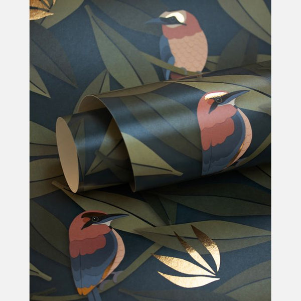 Bird wallcovering blue & gold Wallcovering | Studio Ditte