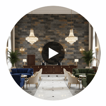 Vomera Midnight Travertine Faux Tile | Hollywood Wallcoverings Circular Swatch | Hollywood Wallcoverings
