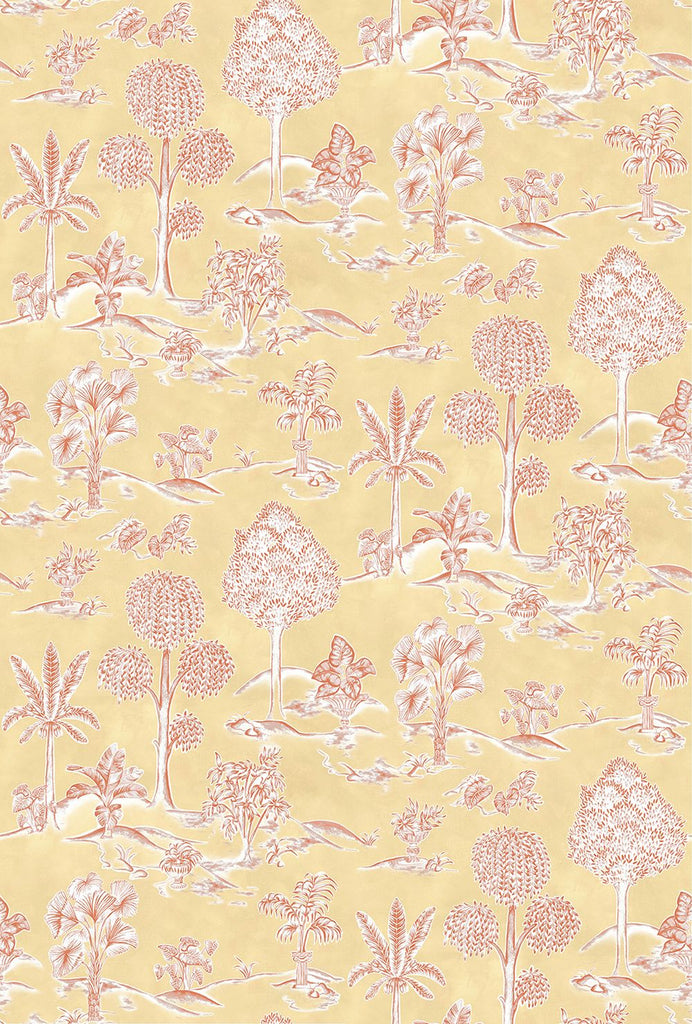 Karuna Toile Pastel Yellow Terracotta Wallpaper | Osborne & Little Europe