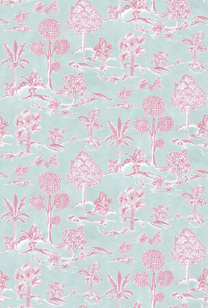 Karuna Toile Pastel Aqua Rasberry Wallpaper | Osborne & Little Europe