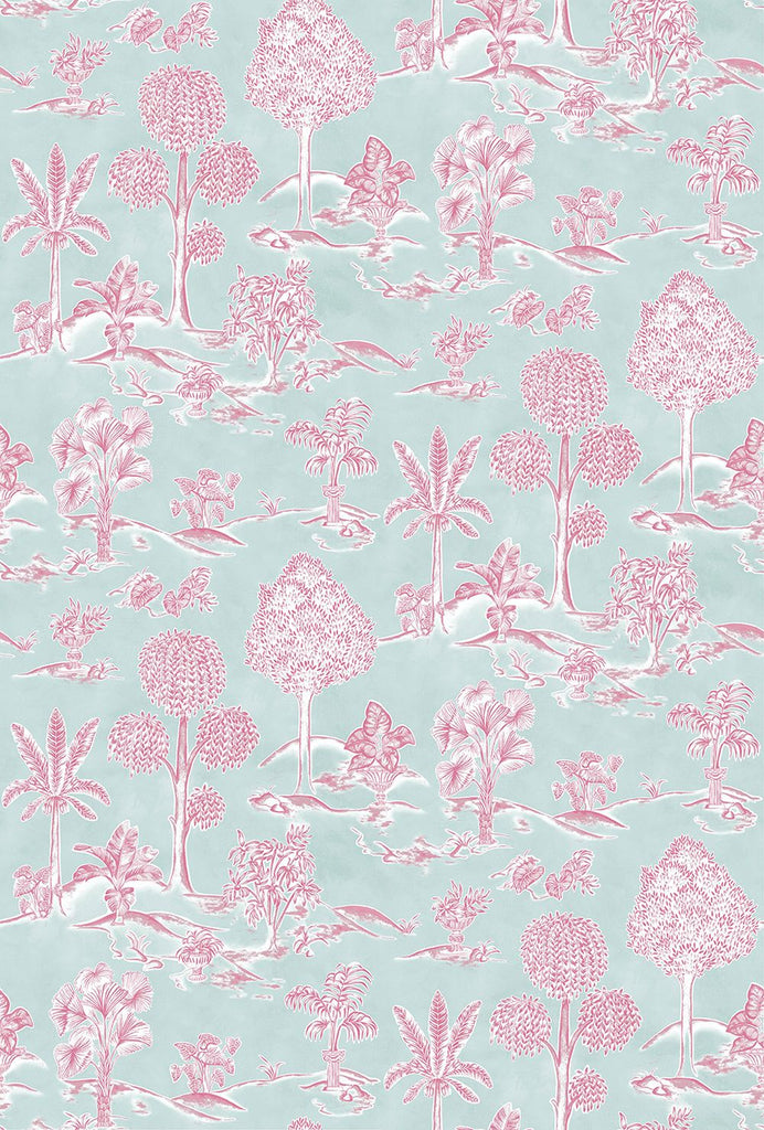 Karuna Toile Pastel Aqua Rasberry Wallpaper | Osborne & Little Europe