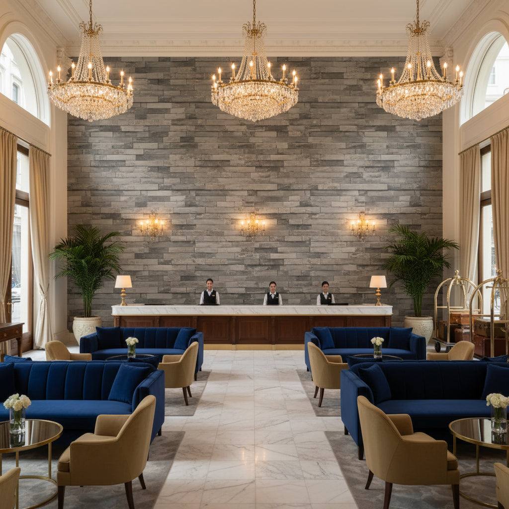Vomera Aged Travertine Faux Tile | Hollywood Wallcoverings