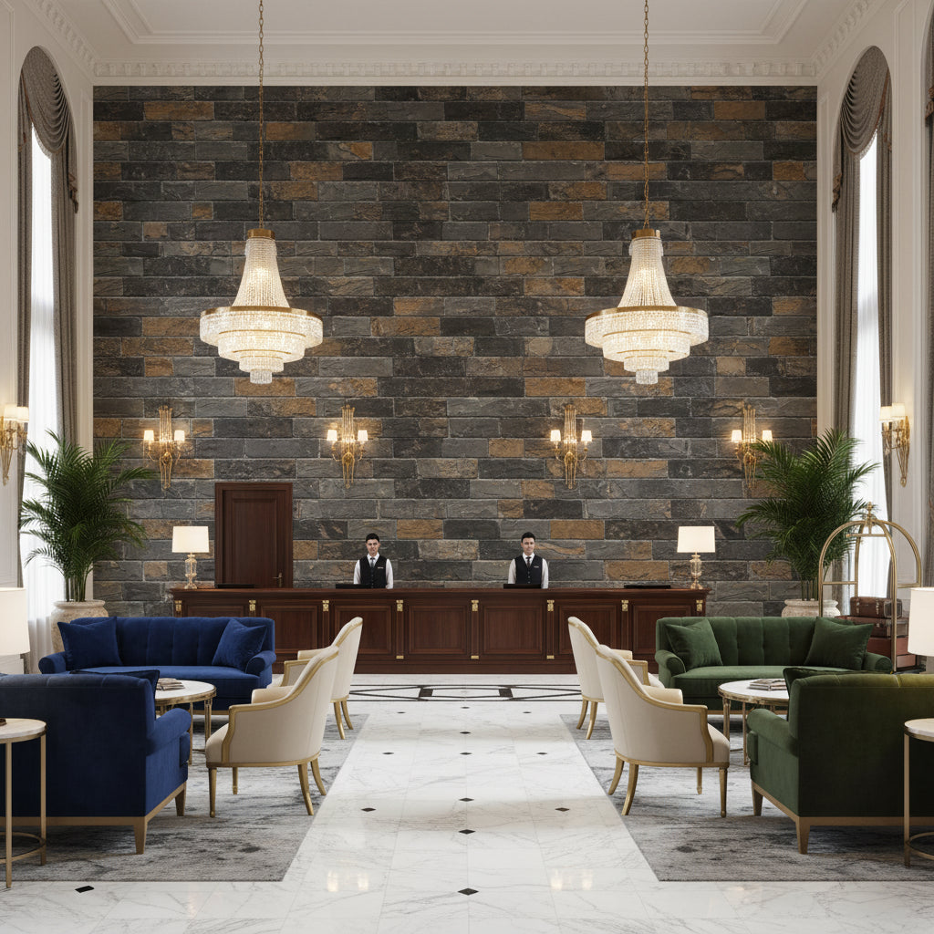 Vomera Midnight Travertine Faux Tile | Hollywood Wallcoverings