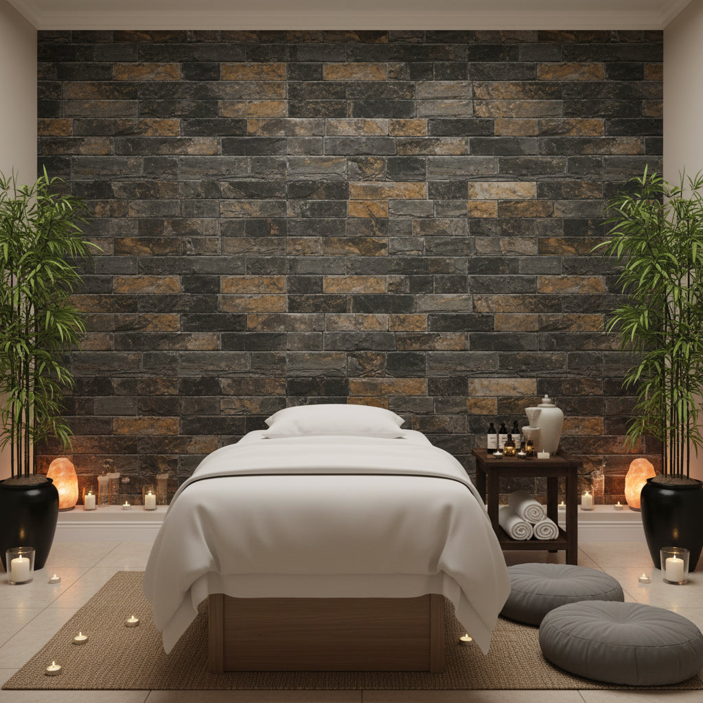 Vomera Midnight Travertine Faux Tile | Hollywood Wallcoverings
