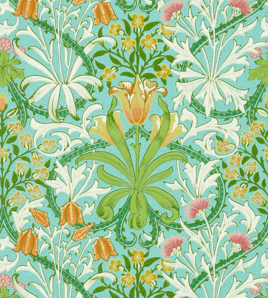 Woodland Weeds Wallpaper Turquoise Orange | William Morris