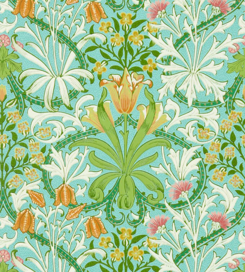 Woodland Weeds Wallpaper Turquoise Orange | William Morris