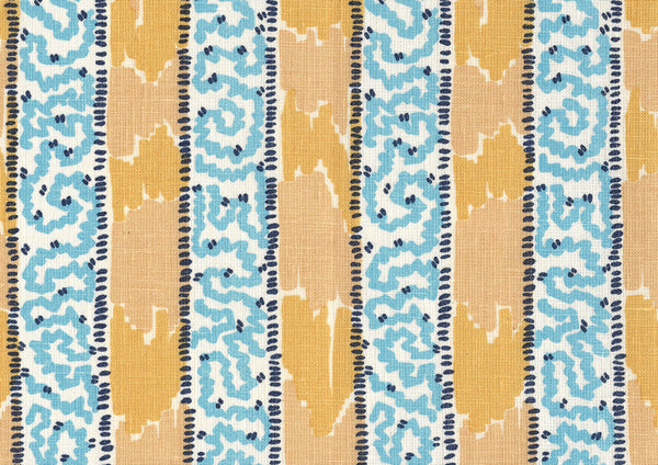 Bijou Stripe Yellow Blue Screen Printed - Off-White Fabric | China Seas
