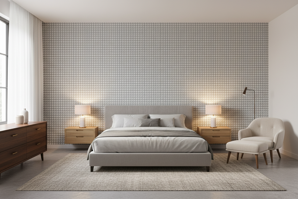 Zig Zag Birds Silver by Kirkby Design in a bedroom setting