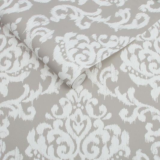 Indian Ink Damask Stone Wallpaper - Designer Wallcoverings and Fabrics