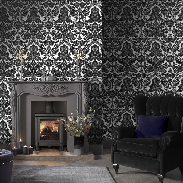 Diana Damask Flock Velvet Black and Silver Wallcovering