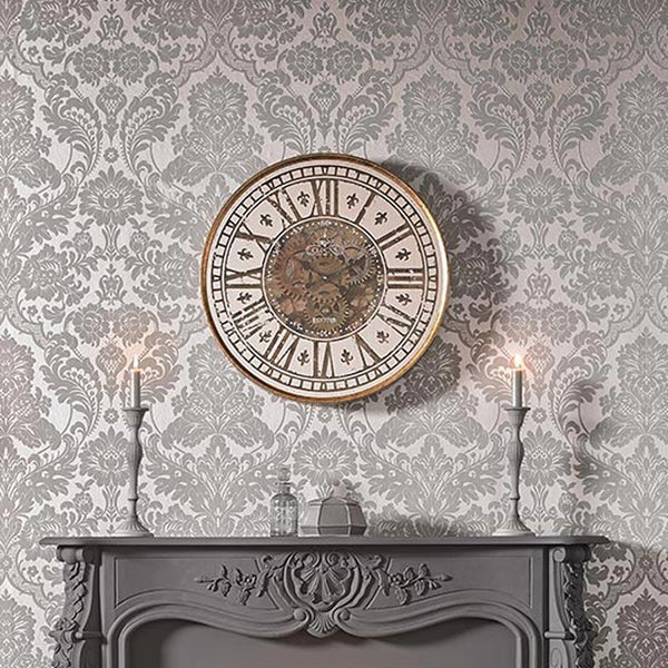 Diana Damask Flock Velvet Grey and Silver Wallcovering