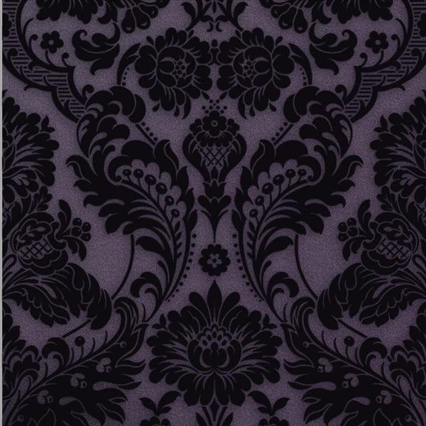 Diana Damask Flock Velvet Plum Purple Wallcovering