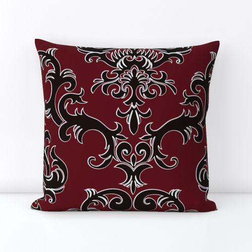 Lounge Lizard Damask Burgundy Red and Black Square Throw Pillow Cover on Lexington Cotton