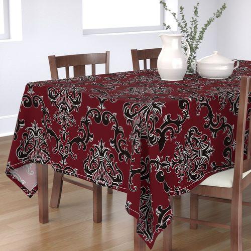 Lounge Lizard Damask Burgundy Red and Black Rectangular Table Cloth on Lilly Natural Cotton