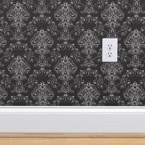 Lounge Lizard Damask Black White Traditional Wallpaper
