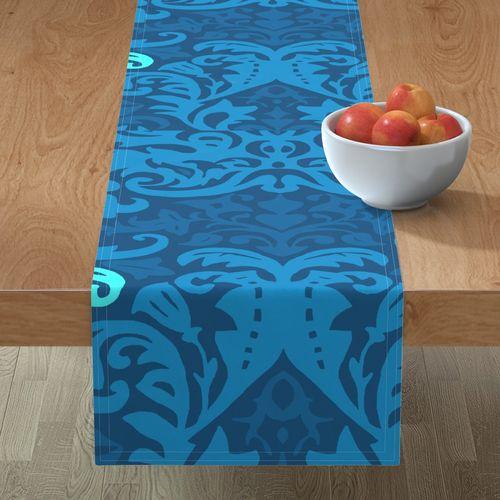 DWH-66715 Itan Italian Damask Blue Green Table Runner on Lilly Medium Blue designer-wallcoverings-los-angeles