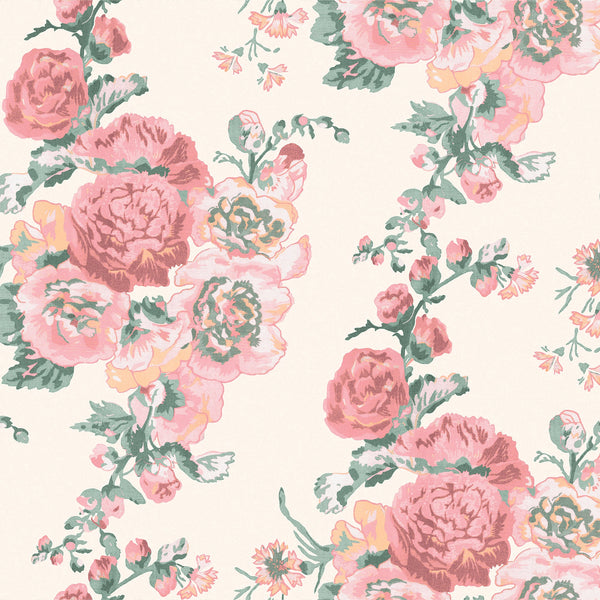 Hollyhocks Coral Pink Wallcovering
