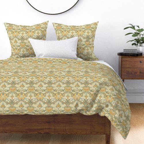 Saint James Growing Damask Green, Cream Duvet Cover on Isabella Italian Cotton