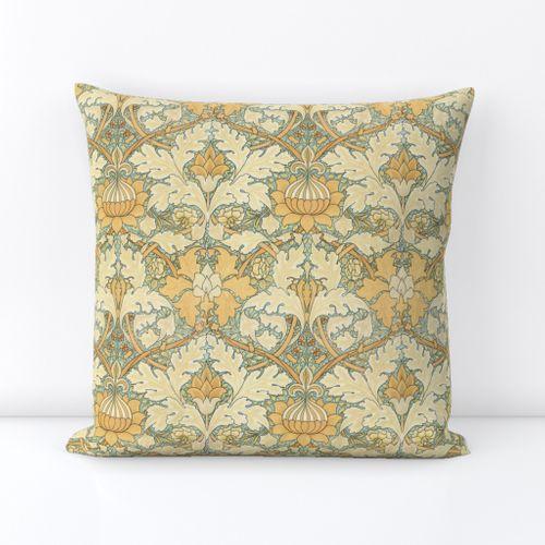 Saint James Growing Damask Green, Cream Square Throw Pillow Cover on Lexington Cotton
