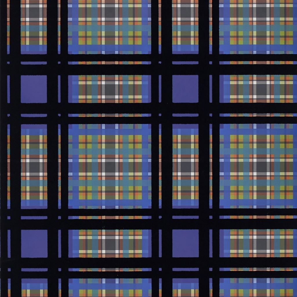 Chennai Flock Velvet Plaid Cobalt Blue Wallpaper | Designers Guild
