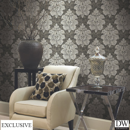 Lakewood Large Scale Charcoal Damask Wallpaper (Room Setting)