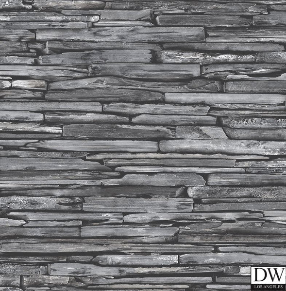 Stacked Slate Charcoal Industrial Wallpaper
