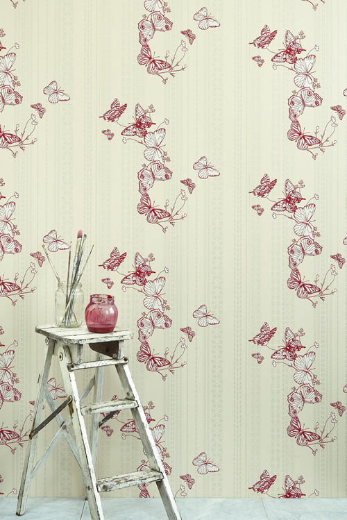 Butterfly and Bugs Wallcovering - Rasberry Red | British Walls