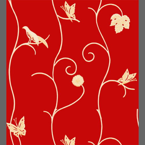 Red and white flower vines with birds and butterflies