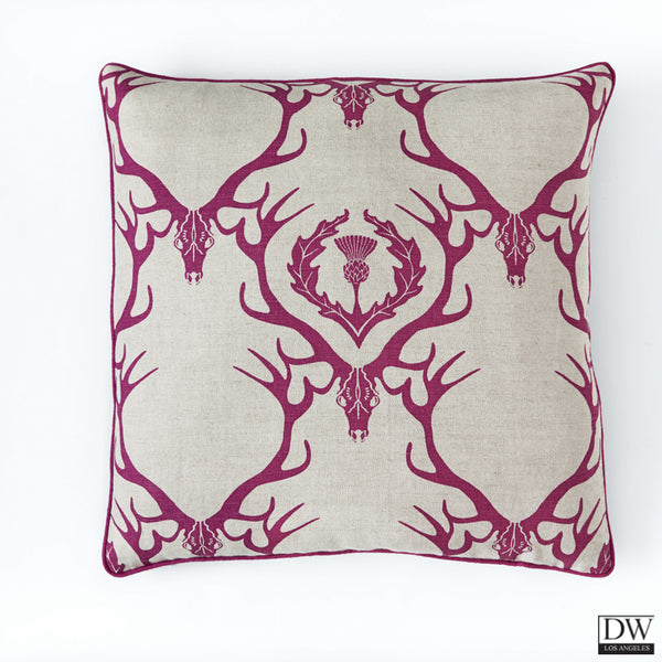 Deer Damask Cushion - Claret Red