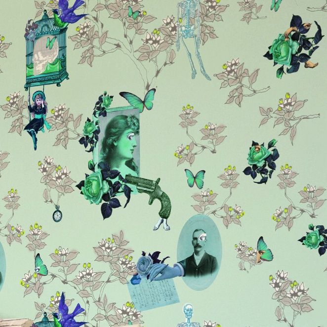 Wings and Pistols Wallpaper Wallcovering - Greens