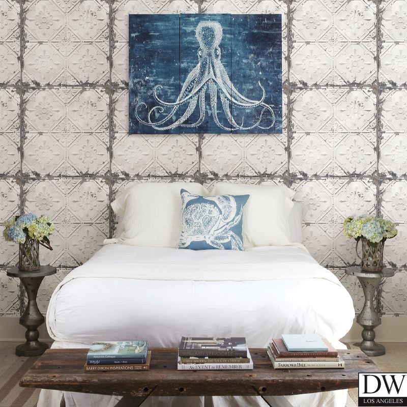 Tin Ceiling White Distressed Tiles Wallpaper