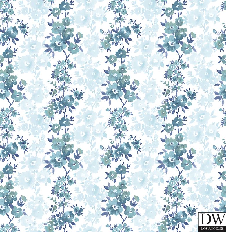 Charlise Blue Floral Stripe Wallpaper