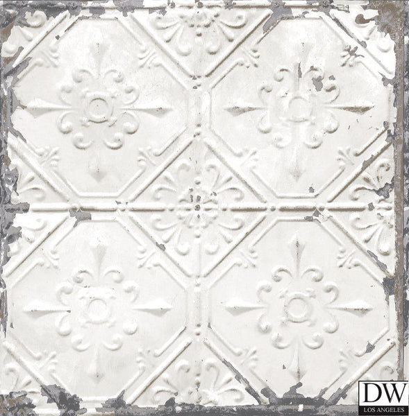Tin Ceiling White Distressed Tiles Wallpaper