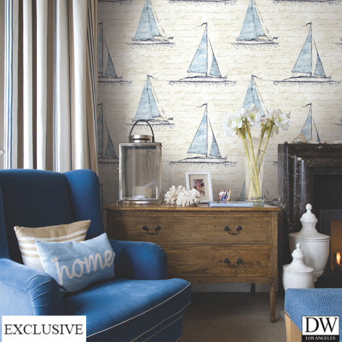 Manchester Navy Toile Wallpaper (Room Setting)